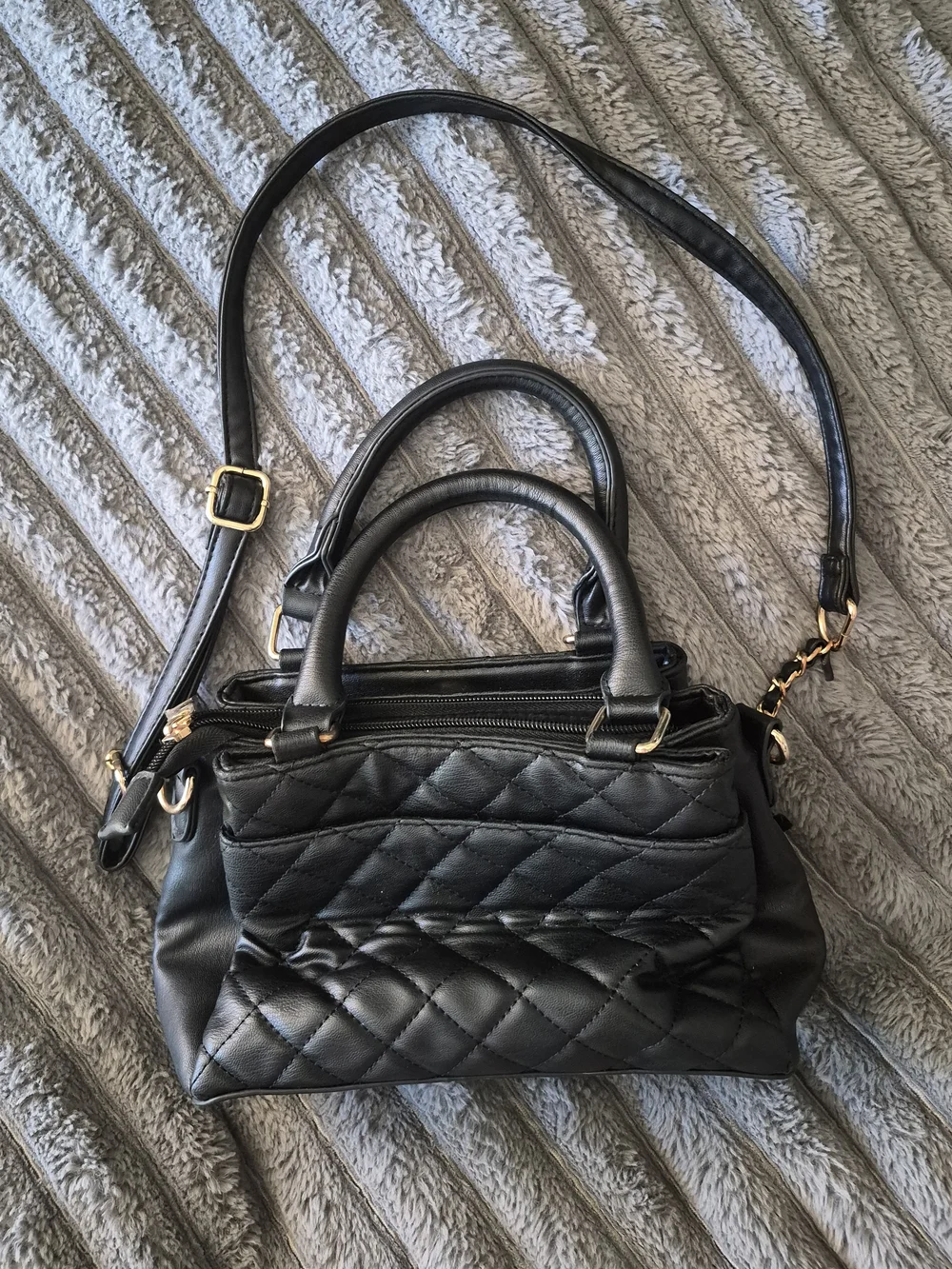 Bebe Black Quilted Satchel Handbag with Gold Accent